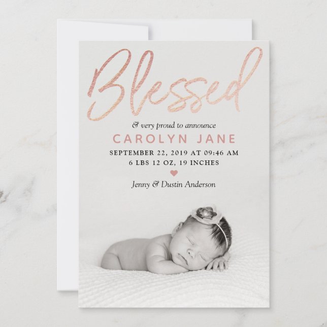 "Blessed" Rose Gold Foil Photo Birth Announcement (Front)