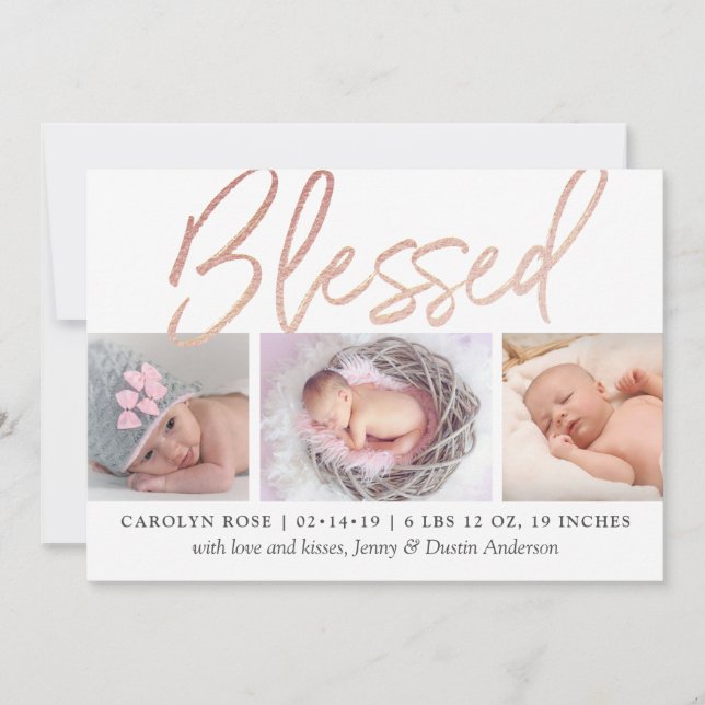 "Blessed" Rose Gold Foil Photo Birth Announcement (Front)