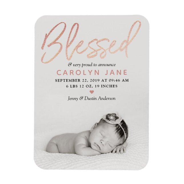 "Blessed" Rose Gold Foil Photo Birth Announcement Magnet (Vertical)