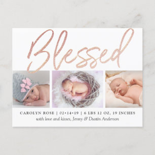 "Blessed" Rose Gold Foil Photo Birth Announcement Postcard