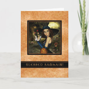 Blessed Samhain - Autumn Witch Leaves Card
