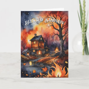 Blessed Samhain Fall Fire Forest Leaves Sunset Card