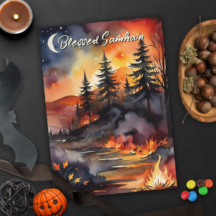 Blessed Samhain Fall Fire Forest Leaves Sunset Card