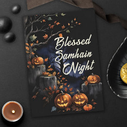 Blessed Samhain Night Fall Leaves & Pumpkins Card