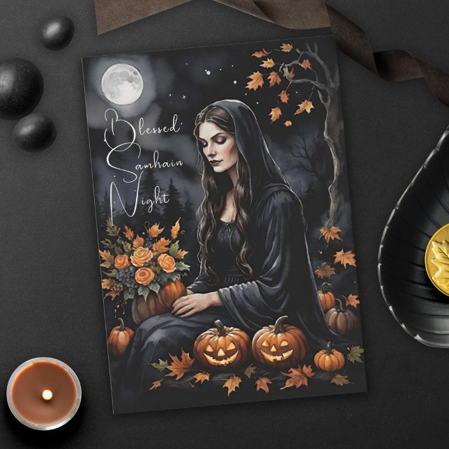 Blessed Samhain Night Halloween Fall Witch Card (Blessed Samhain Night Halloween Fall Witch Halloween Greeting Card)