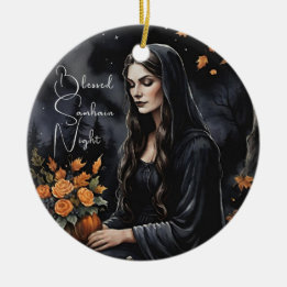 Blessed Samhain Night Halloween Fall Witch Ceramic Tree Decoration