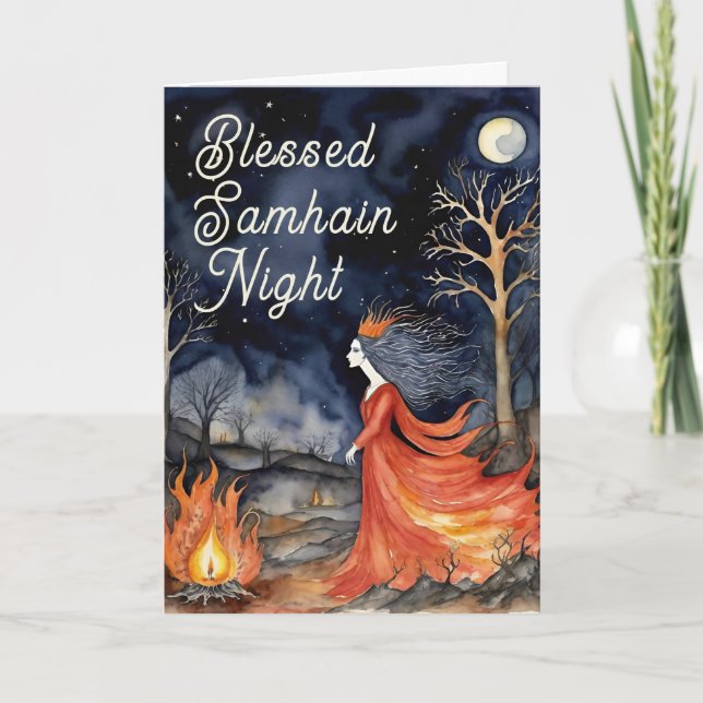Blessed Samhain Night Halloween Fire Queen Card (Front)