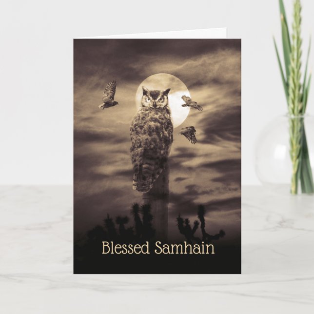 Blessed Samhain with Owl and Poem Card (Front)