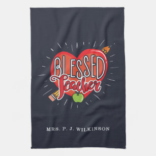 Blessed School Teacher Heart Pencil Apple Custom Tea Towel