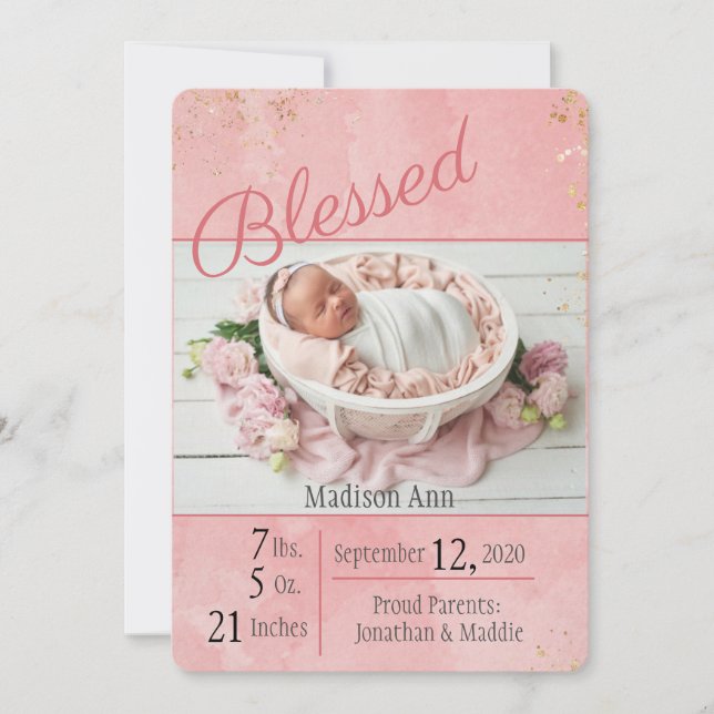 Blessed Script Baby Girl Elegant Personalise Birth Announcement (Front)