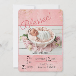 Blessed Script Baby Girl Elegant Personalise Birth Announcement