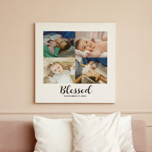  Blessed Script Personalised Baby 4 Photo Collage  Canvas Print