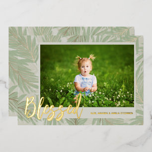 BLESSED Script Photo Gold Foil Holiday Card