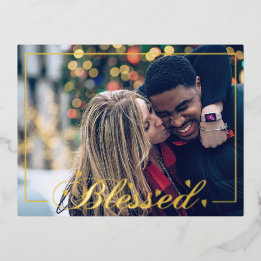 Blessed Script w/ Heart Accents Photo Foil Holiday Postcard