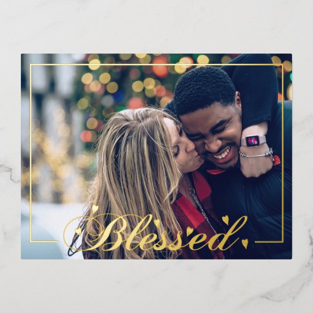 Blessed Script w/ Heart Accents Photo Foil Holiday Postcard (Front)