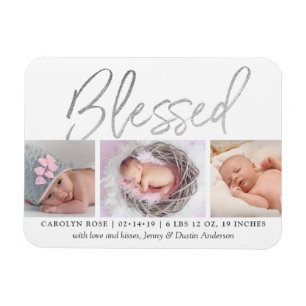 "Blessed" Silver Foil 3 Photo Birth Announcement Magnet