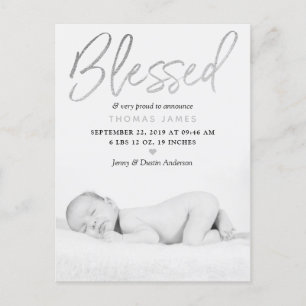 "Blessed" Silver Foil Photo Birth Announcement