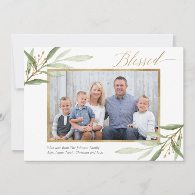 Blessed simple gold greenery Christmas photo card (Front)