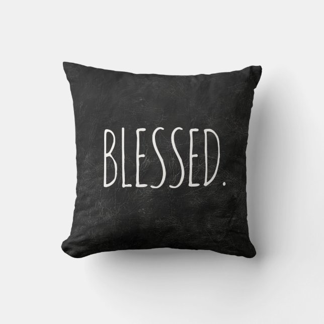 BLESSED Text on Black Leather Throw Pillow (Front)