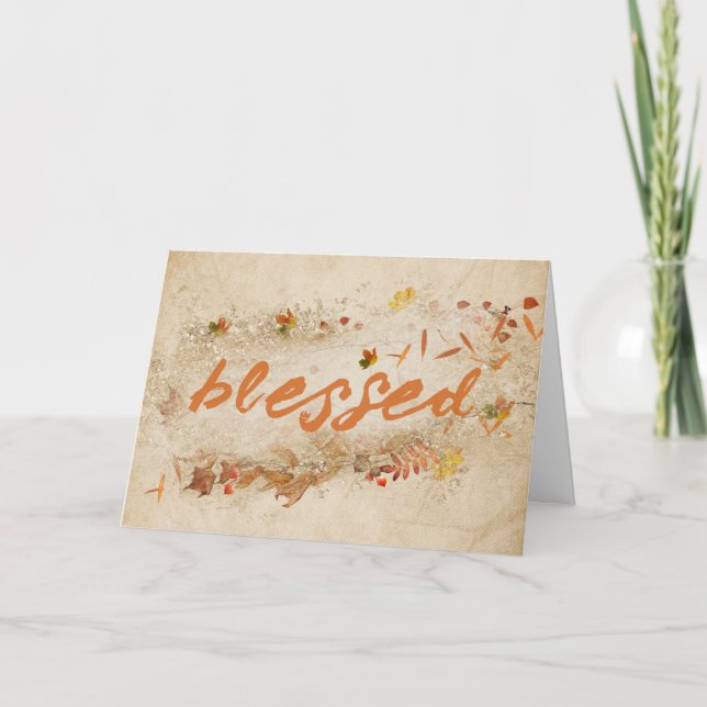 Blessed Text With Autumn Leaves Holiday Card (Front)