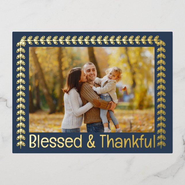 Blessed & Thankful Leaf Bordered Foil Holiday Card (Front)
