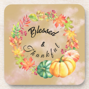 Blessed & Thankful Thanksgiving Watercolor Fall Coaster