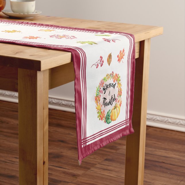 Blessed & Thankful Thanksgiving Watercolor Fall Short Table Runner (In Situ)