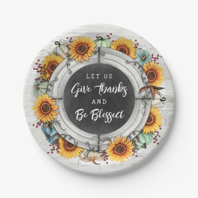 Blessed Thanksgiving Fall Sunflowers Family Dinner Paper Plate (Front)
