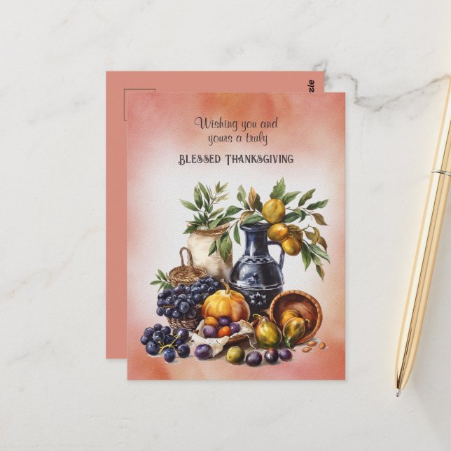 Blessed Thanksgiving Wine and Fruit Bowls Postcard (Front/Back In Situ)