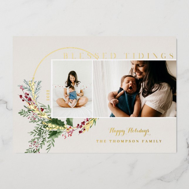Blessed Tidings Watercolor Greenery Wreath Photos Foil Holiday Card (Front)