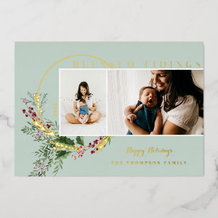 Blessed Tidings Watercolor Greenery Wreath Photos Foil Holiday Card