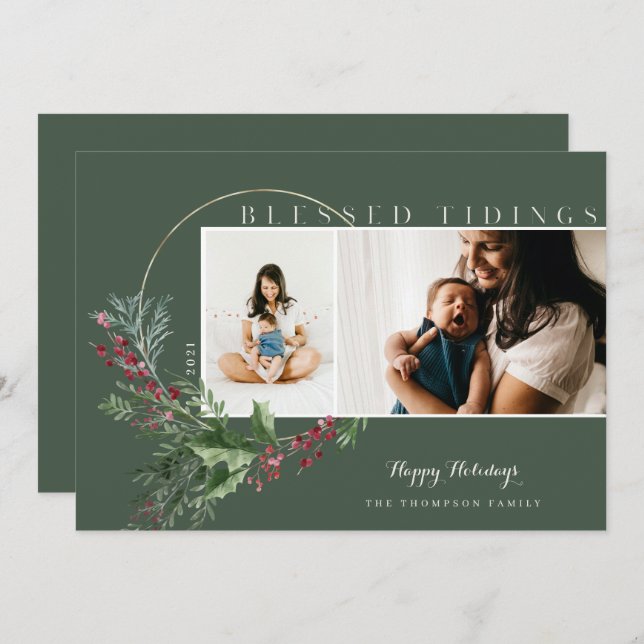 Blessed Tidings Watercolor Greenery Wreath Photos Holiday Card (Front/Back)