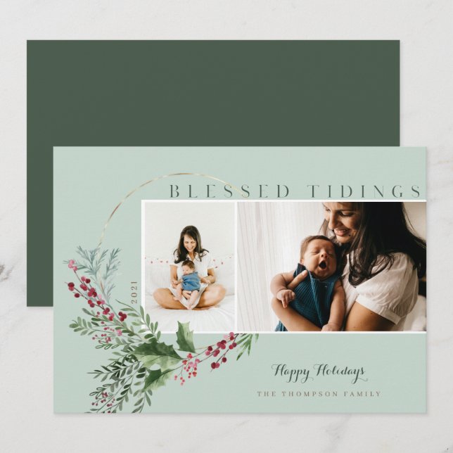 Blessed Tidings Watercolor Greenery Wreath Photos Holiday Card (Front/Back)