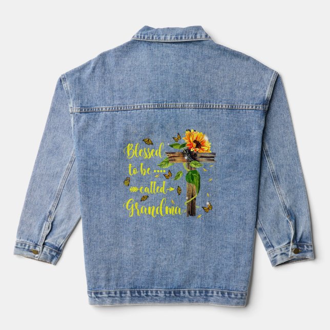 Blessed To Be Called Grandma Sunflower Cross Mothe Denim Jacket (Back)