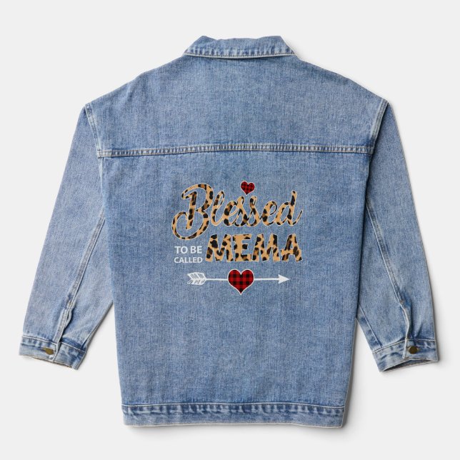 Blessed To Be Called Mema Leopard Red Plaid Mother Denim Jacket (Back)