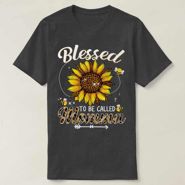 Blessed To Be Called Momma Funny Leopard Sunflower T-Shirt (Design Front)