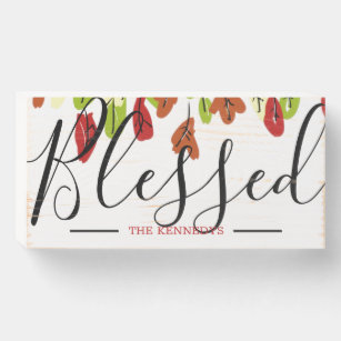 Blessed Typography Fall Leaves Family Name Wooden Box Sign