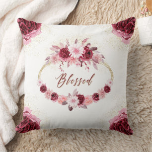 Blessed Vintage Script Pink Floral Gold Wreath Cushion