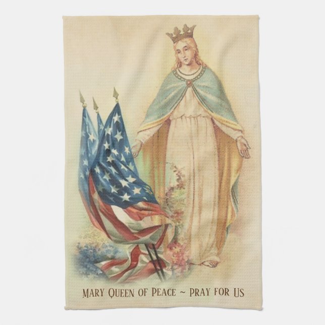 Blessed Virgin Mary American Flags Religious Tea Towel (Vertical)