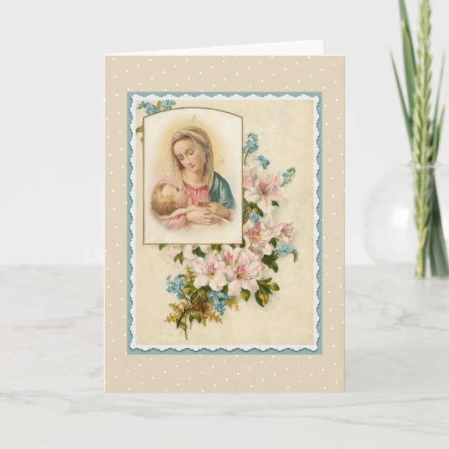 Blessed Virgin Mary Baby Jesus Vintage Flowers Card (Front)