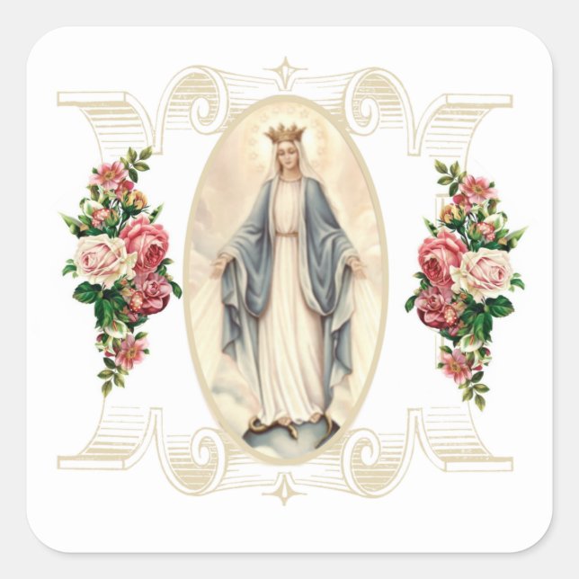 Blessed Virgin Mary Catholic Religious Floral Square Sticker (Front)