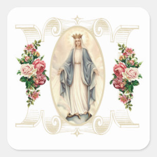 Blessed Virgin Mary Catholic Religious Floral Square Sticker