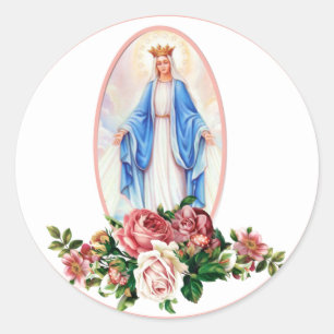 Blessed Virgin Mary Catholic Roses Religious Classic Round Sticker