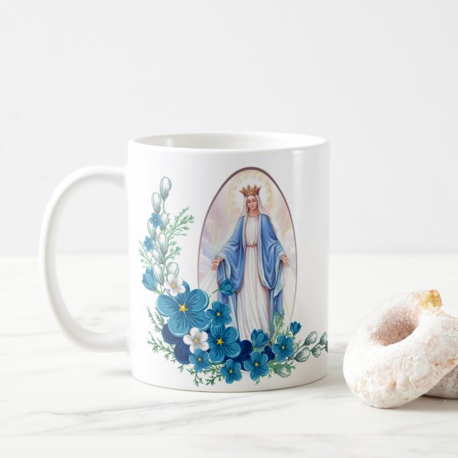 Blessed Virgin Mary Flowers  Memorare Prayer Coffee Mug (With Donut)