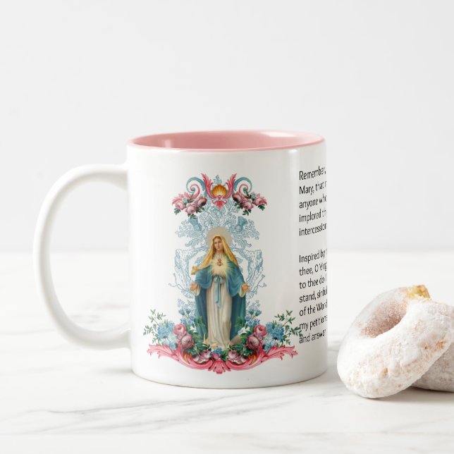 Blessed Virgin Mary Flowers  Memorare Prayer Two-Tone Coffee Mug (With Donut)