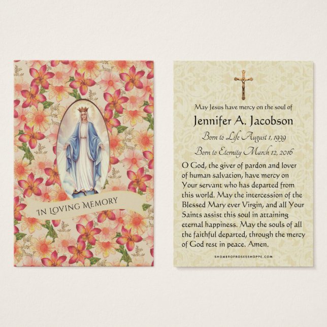 Blessed Virgin Mary  Funeral Memorial Holy Card (Front & Back)