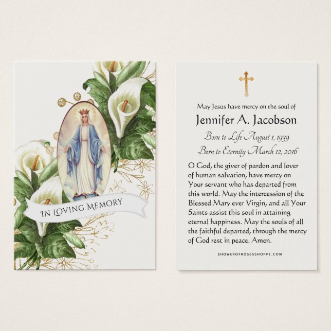 Blessed Virgin Mary  Funeral Memorial Holy Card (Front & Back)