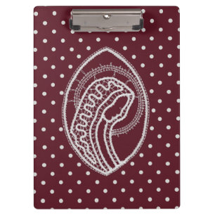 Blessed Virgin Mary in White Lace on Burgundy Clipboard