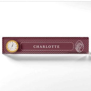 Blessed Virgin Mary in White Lace on Burgundy Nameplate