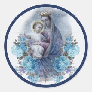 Blessed Virgin Mary Jesus Catholic Blue Floral Classic Round Sticker